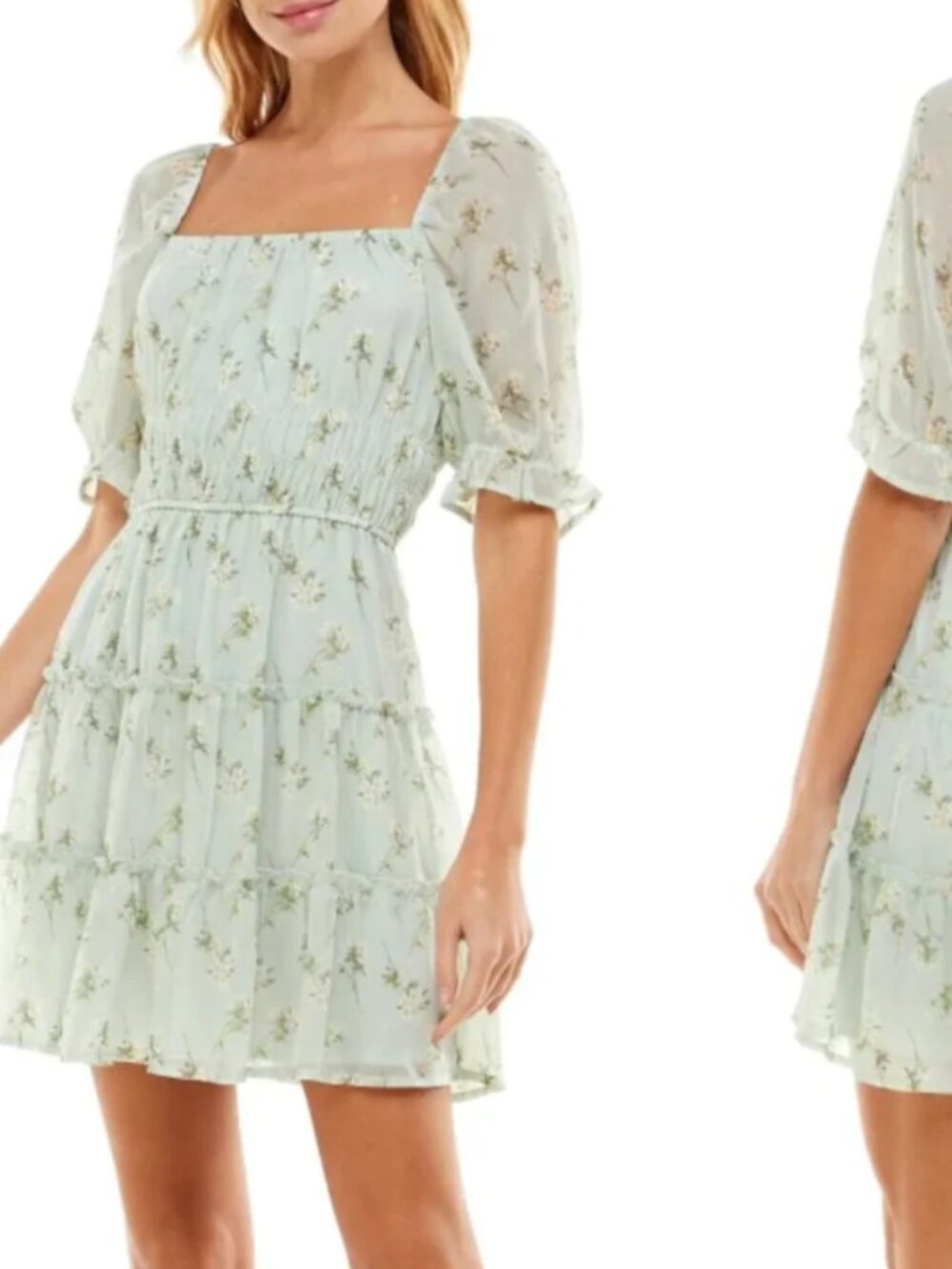 Row A:  Smocked Waist Tiered Chiffon Floral Minidress, Medium, Light Green